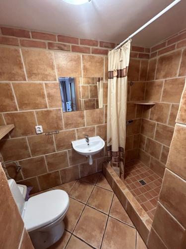 La salle de bains est pourvue de toilettes, d'un lavabo et d'une douche. dans l'établissement Pensjonat pod Dębami, à Pobierowo
