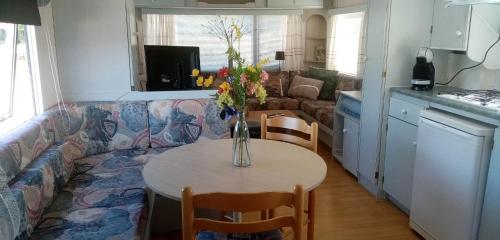 a living room with a couch and a table with flowers on it at Stacaravan aan het water in Earnewâld
