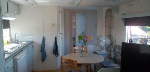 eine Küche mit einem Tisch und einer Blumenvase darauf in der Unterkunft Stacaravan aan het water in Earnewâld