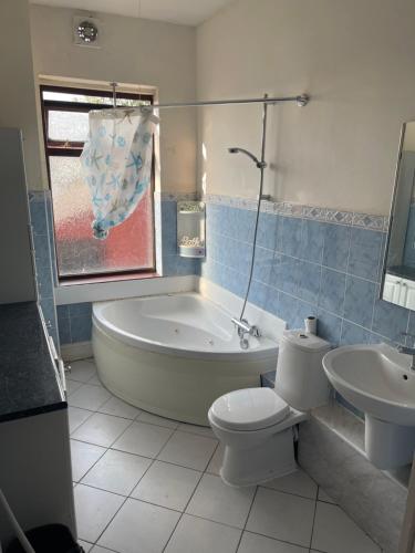 uma casa de banho com uma banheira, um WC e um lavatório. em Quite Broad Resr 1 em Longford