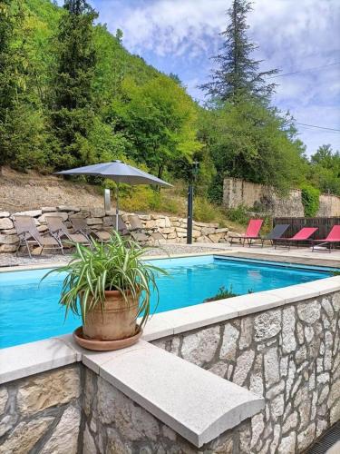 una piscina con una maceta, sillas y una sombrilla en GITE DES ANGES, en Barret-sur-Meouge