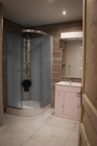 une grande salle de bain avec douche et lavabo dans l'établissement L'Écrin - Appartement au pied des pistes, à Orcières