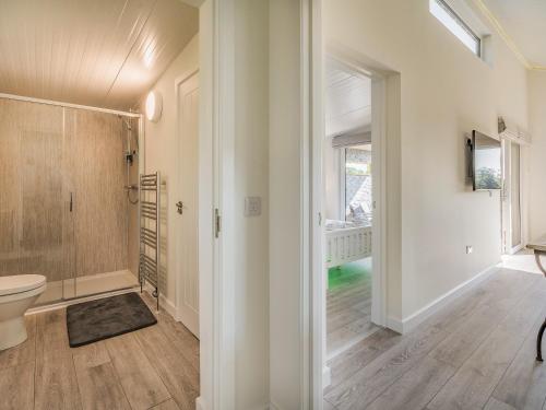 uma casa de banho com um WC e uma cabina de duche ao nível do chão em The Tranquil Orchard - Nuthatch-uk32791 em Mouswald