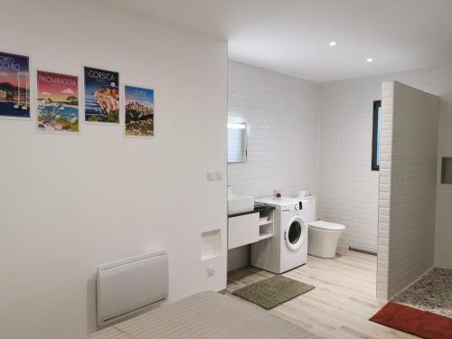 a white bathroom with a washing machine and a sink at Appartement Jardin et Piscine Les anges du maquis location Corse-du-Sud in Conca