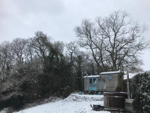 Secluded Shepherds Hut, with a view and hot tub durante el invierno