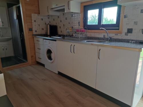 a kitchen with a sink and a washing machine at Ugur Pansiyon Bungalows in Cıralı