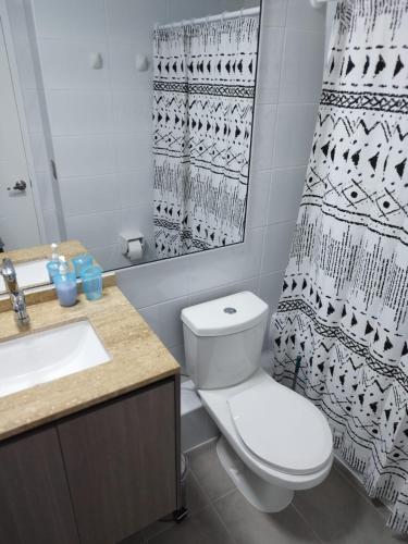 イキケにあるDpto céntricoのバスルーム(トイレ、洗面台、シャワーカーテン付)
