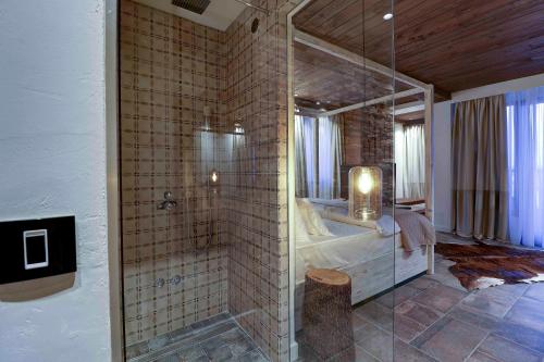 a bathroom with a shower with a bed and a mirror at Vlasinsko jezero VILA BEST in Surdulica