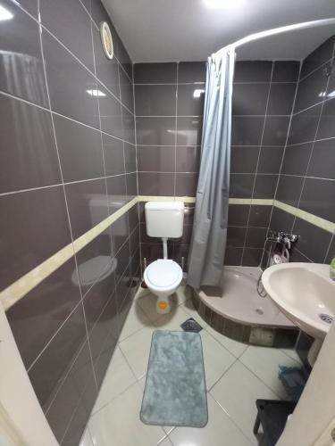 a bathroom with a toilet and a sink and a shower at Apartman Deni in Tuzla