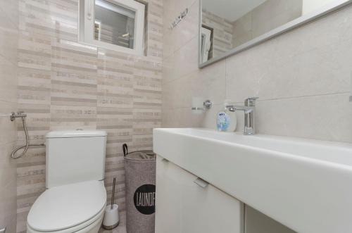 卡普里耶島的住宿－Apartment Little Paradise，一间带卫生间、水槽和镜子的浴室