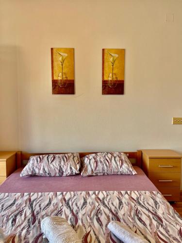 a bedroom with a bed with three paintings on the wall at Apartment City Center in Ulcinj