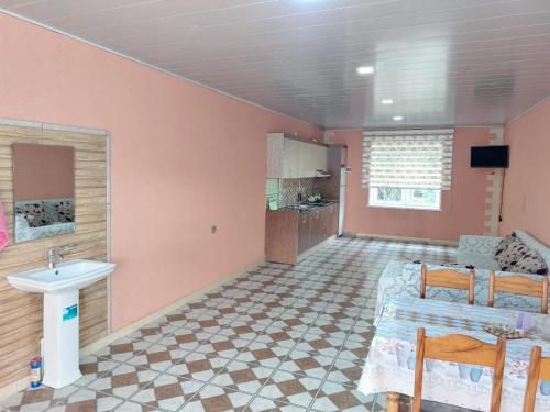 een woonkamer met roze muren en een wastafel bij Green Granden Vandam KMRN in Gabala