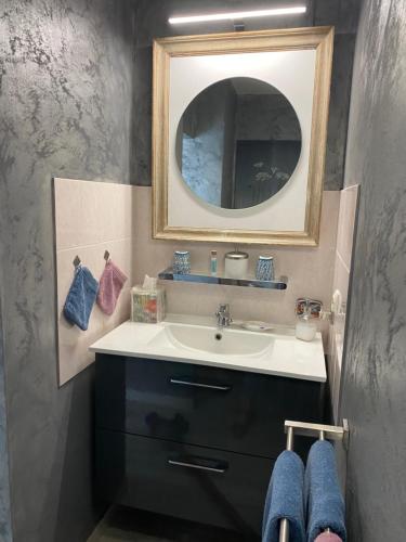 a bathroom with a sink and a mirror at La Caillerie in Chauvé