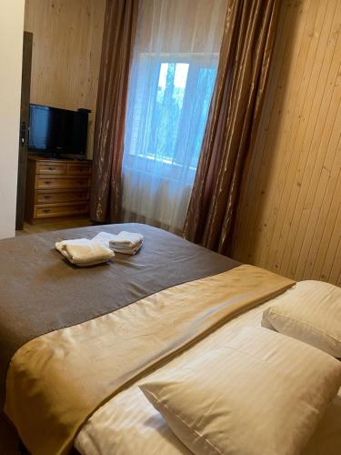 a bedroom with two beds and a tv and a window at Айворі Хаус in Mykulychyn