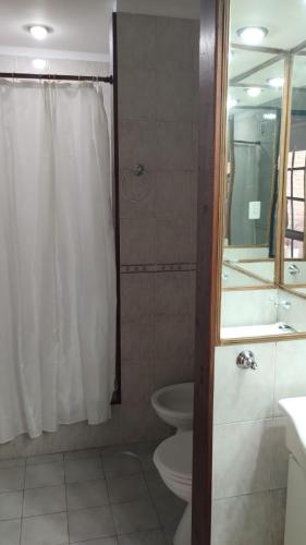 a bathroom with a shower and a toilet and a sink at Hotel Valle Del Sol in Merlo