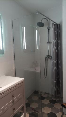 une salle de bain avec douche et lavabo dans l'établissement MENTON A 2 pas des plages de sable et du centre ville beau 3 pièces pour 3 personnes, à Menton