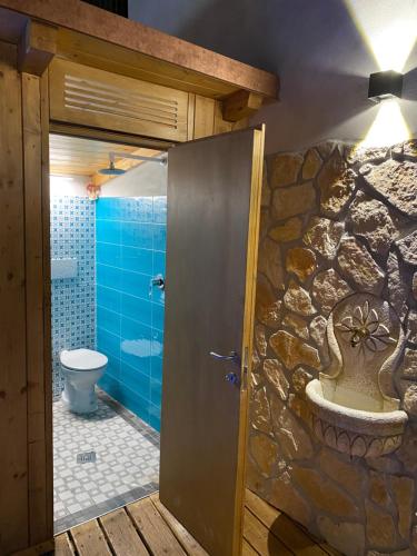 a bathroom with a toilet and a stone wall at Villa LORY in Castellammare di Stabia