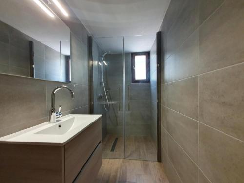 een badkamer met een wastafel en een douche bij Le Rêve de Montbrun in Montbrun-des-Corbières
