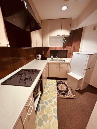 a kitchen with a stove and a white refrigerator at 池袋三駅の家 大山駅から徒歩4分 in Tokyo