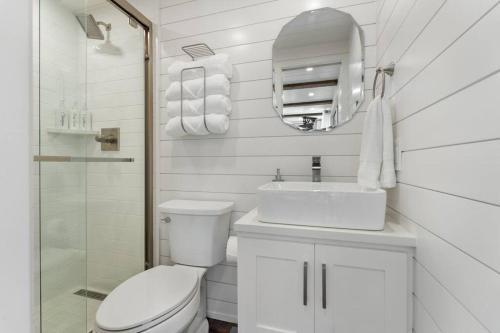 ein Badezimmer mit einem WC, einem Waschbecken und einem Spiegel in der Unterkunft The Tiny 'Tainer - Tiny Container Home w. Hot Tub! in Weatherford
