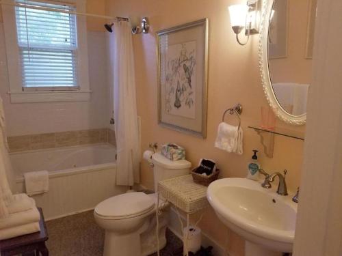 a bathroom with a toilet and a sink and a tub at Urban Cottages in Little Rock