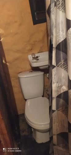 a bathroom with a toilet and a shower curtain at casa de los picapiedra in Sesquilé