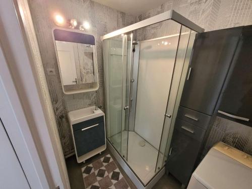 ein Bad mit einer Glasdusche und einem Waschbecken in der Unterkunft Appartement Wimereux, 2 pièces, 2 personnes - FR-1-675-24 in Wimereux