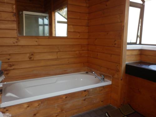 a bathroom with a tub in a wooden wall at A room 5 minutes' walk to the beach in Wellington