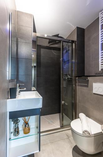 une salle de bain avec une douche, un lavabo et des toilettes dans l'établissement Appartement climatisé les pieds dans l'eau pour 6 personnes avec 1 suite parentale, 1 chambre double et 1 mini chambre Piscine sur le toit clim garage, à Villeneuve-Loubet