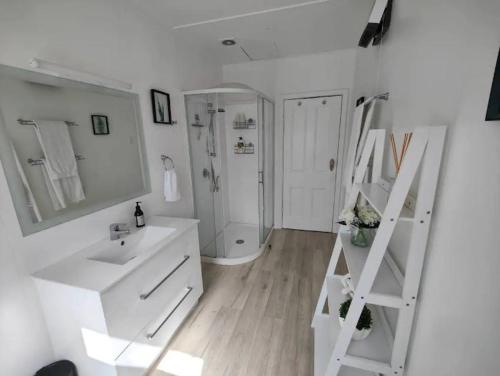 a white bathroom with a sink and a shower at Beautiful villa near everything! in Christchurch