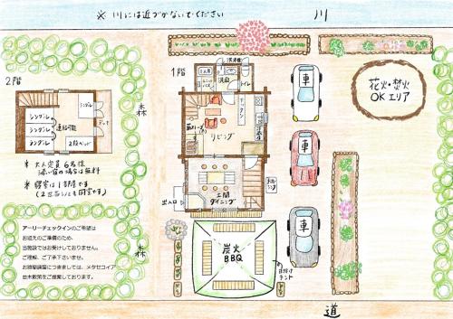 um desenho de uma planta de uma casa em セルフ朝食付 炭火BBQ機材無料貸出 滋賀高島けしきのお宿メタセコイアの森 1日1組限定一棟貸別荘 Keshiki no Oyado em Takashima