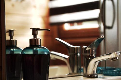 a bathroom sink with a bottle of soap on it at DeBoskie Domki in Mrągowo