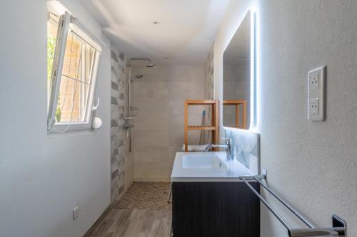 a bathroom with a sink and a shower at Gite Chateau 3 chambres piscine chauffée in La Châtelaine