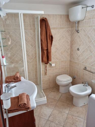 a bathroom with a sink and a toilet and a shower at Il Rifugio sul Colle - Casa vacanze a Campo Felice in Casamaina