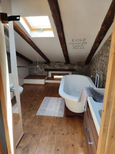 a bathroom with a sink and a bath tub at Casa di Volce - 1801 Stone House in Tolmin
