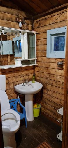 łazienka z toaletą i umywalką w obiekcie Campeggio Bungalow Darwin w mieście Alimini