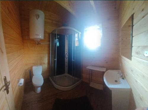 a small bathroom with a toilet and a sink at Słoneczne Zacisze in Smołdzino