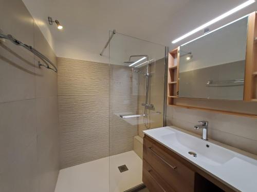 une salle de bain avec un lavabo et une douche en verre dans l'établissement Port FREJUS 3 Pieces climatise 80m2 Proche de tout, à Fréjus