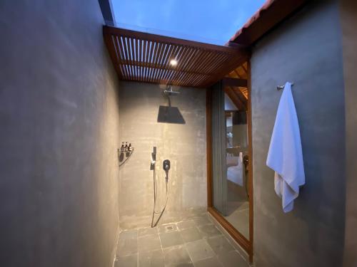 a bathroom with a shower and a toilet in a room at Dewa Hostel in Ubud