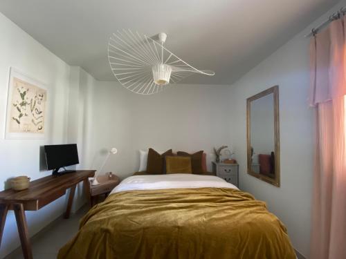 ein Schlafzimmer mit einem Bett, einem Schreibtisch und einer Lampe in der Unterkunft Bord de mer, 2 chambres in Algajola