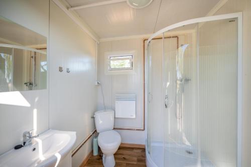 a bathroom with a toilet and a sink and a shower at Marina Martinshafen - Beach life in Sassnitz