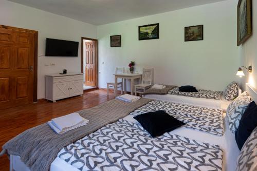 a bedroom with a large bed and a television at Casa Adalmo in Sighişoara