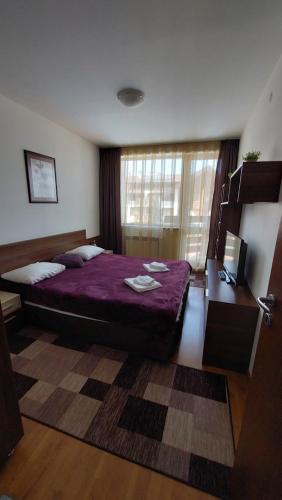 een slaapkamer met een paars bed, een bureau en een raam bij 500м. от лифта Сладък дом в Белведере СПА комплекс in Bansko