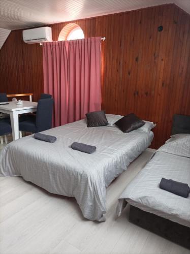 a bedroom with two beds and a red curtain at Apartman Stan na dan in Banja Koviljača