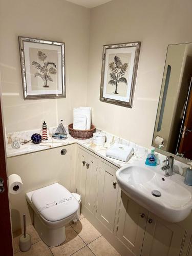 a bathroom with a sink and a toilet and a mirror at Gleneagles Lettings in Auchterarder