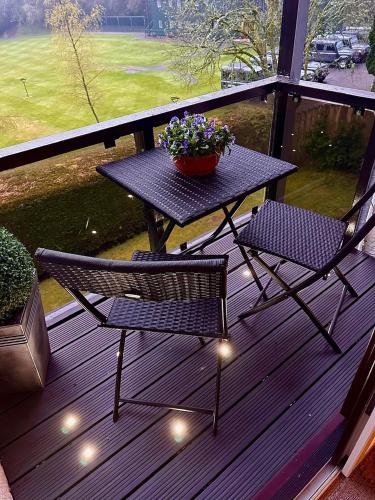 a table with two chairs and a potted plant on a deck at Gleneagles Lettings in Auchterarder