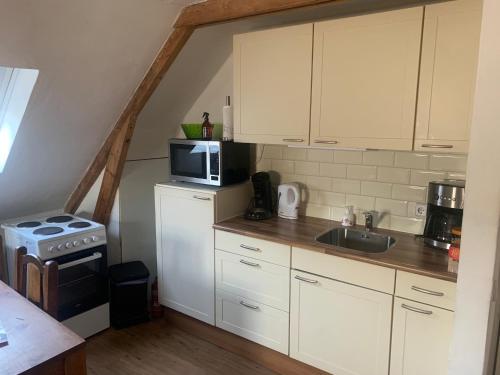 a kitchen with white cabinets and a microwave and a sink at De oude paardentramremise in Ulrum