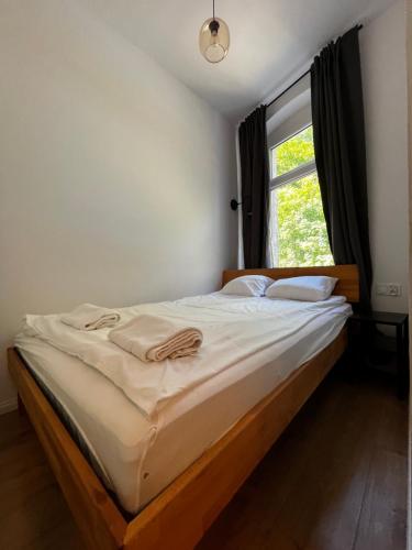 a bedroom with a large bed with a window at BISCHOFSBERG Gdańsk City Center Apartments in Gdańsk
