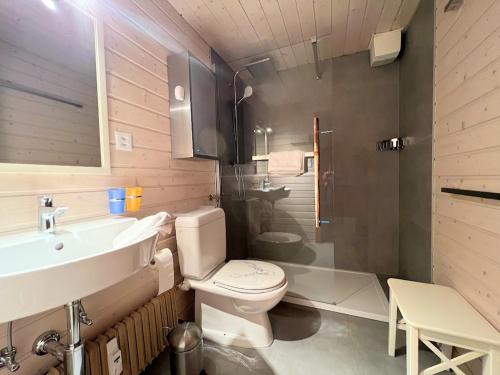 W łazience znajduje się toaleta, umywalka i prysznic. w obiekcie ZE Mountain Lodge, Morgins w mieście Morgins
