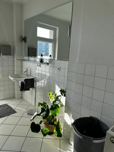 ein Badezimmer mit einem Spiegel und einer Topfpflanze in der Unterkunft Großzügige 3-Zimmer Altbauwohnung in Kiel